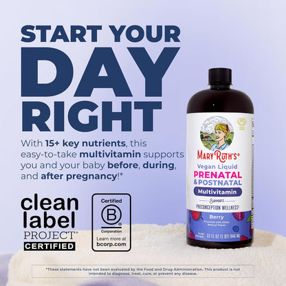MaryRuth Organics Prenatal & Postnatal Multivitamin for Women | Sugar Free | Formulated for Pre-Conception, Pregnancy & Nursing | Vegan | Non-GMO | Gluten Free | 32oz