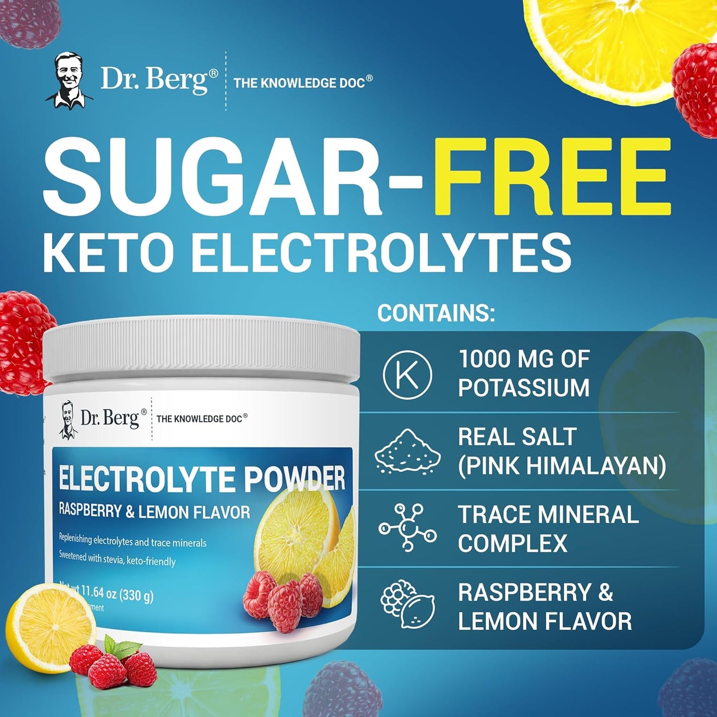 Dr. Berg Zero Sugar Hydration Keto Electrolyte Powder - Enhanced w/ 1000 mg of Potassium & Real Pink Himalayan Salt (NOT Table Salt) - Lemonade Flavor Hydration Drink Mix Supplement - 100 Servings