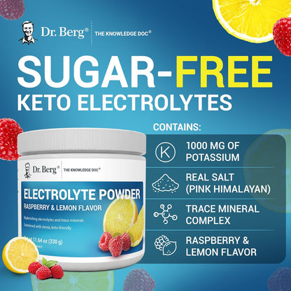 Dr. Berg Zero Sugar Hydration Keto Electrolyte Powder - Enhanced w/ 1000 mg of Potassium & Real Pink Himalayan Salt (NOT Table Salt) - Lemonade Flavor Hydration Drink Mix Supplement - 100 Servings