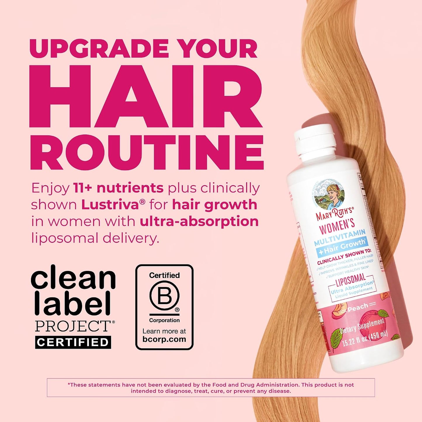 MaryRuth Organics Women's Multivitamin Lustriva Hair Growth Liposomal | Biotin | Vitamin D, B | Clinically Tested for Thicker Hair, Fine Lines, Skin Care | Ages 18 | Hair Vitamins | 15 Fl Oz