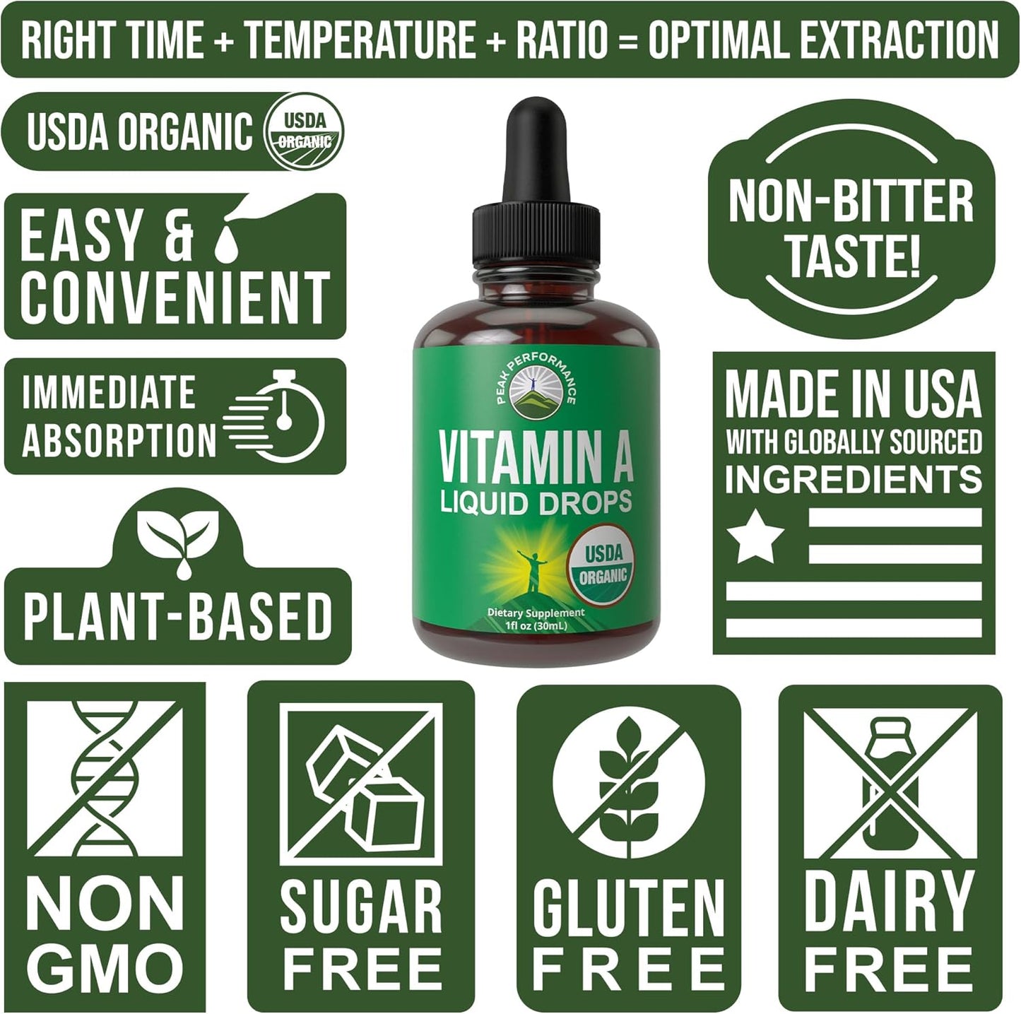 USDA Organic Vitamin A Liquid Drops Supplement - Vegan High Bioavailability for Eye, Skin + Bone Health - for Adults, Men, Women, Kids - Vit A Oil Retinyl Palmitate - Gluten Free, Zero Sugar 1 fl oz