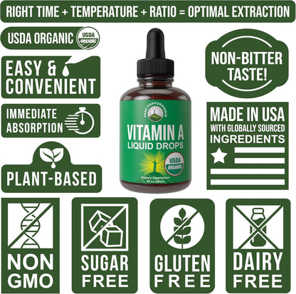USDA Organic Vitamin A Liquid Drops Supplement - Vegan High Bioavailability for Eye, Skin + Bone Health - for Adults, Men, Women, Kids - Vit A Oil Retinyl Palmitate - Gluten Free, Zero Sugar 1 fl oz