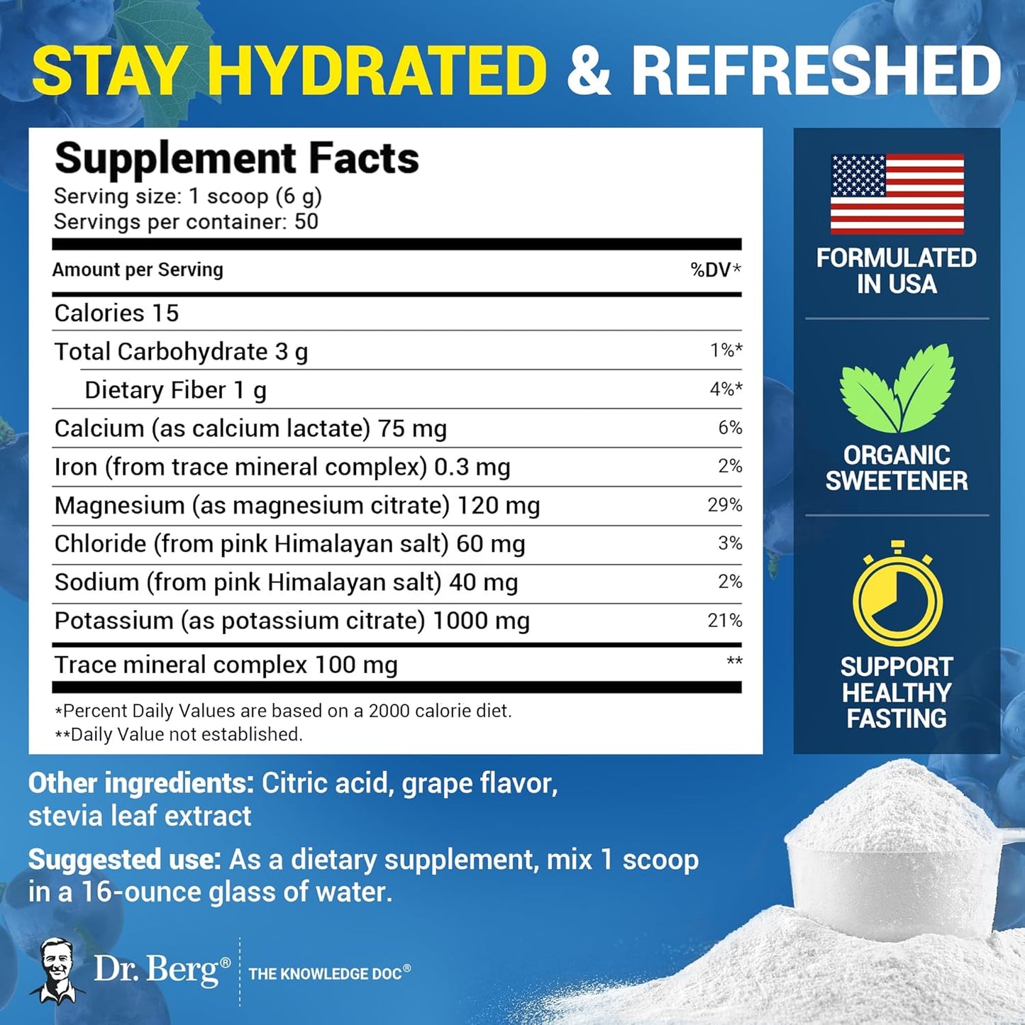 Dr. Berg Zero Sugar Hydration Keto Electrolyte Powder - Enhanced w/ 1000 mg of Potassium & Real Pink Himalayan Salt (NOT Table Salt) - Lemonade Flavor Hydration Drink Mix Supplement - 100 Servings