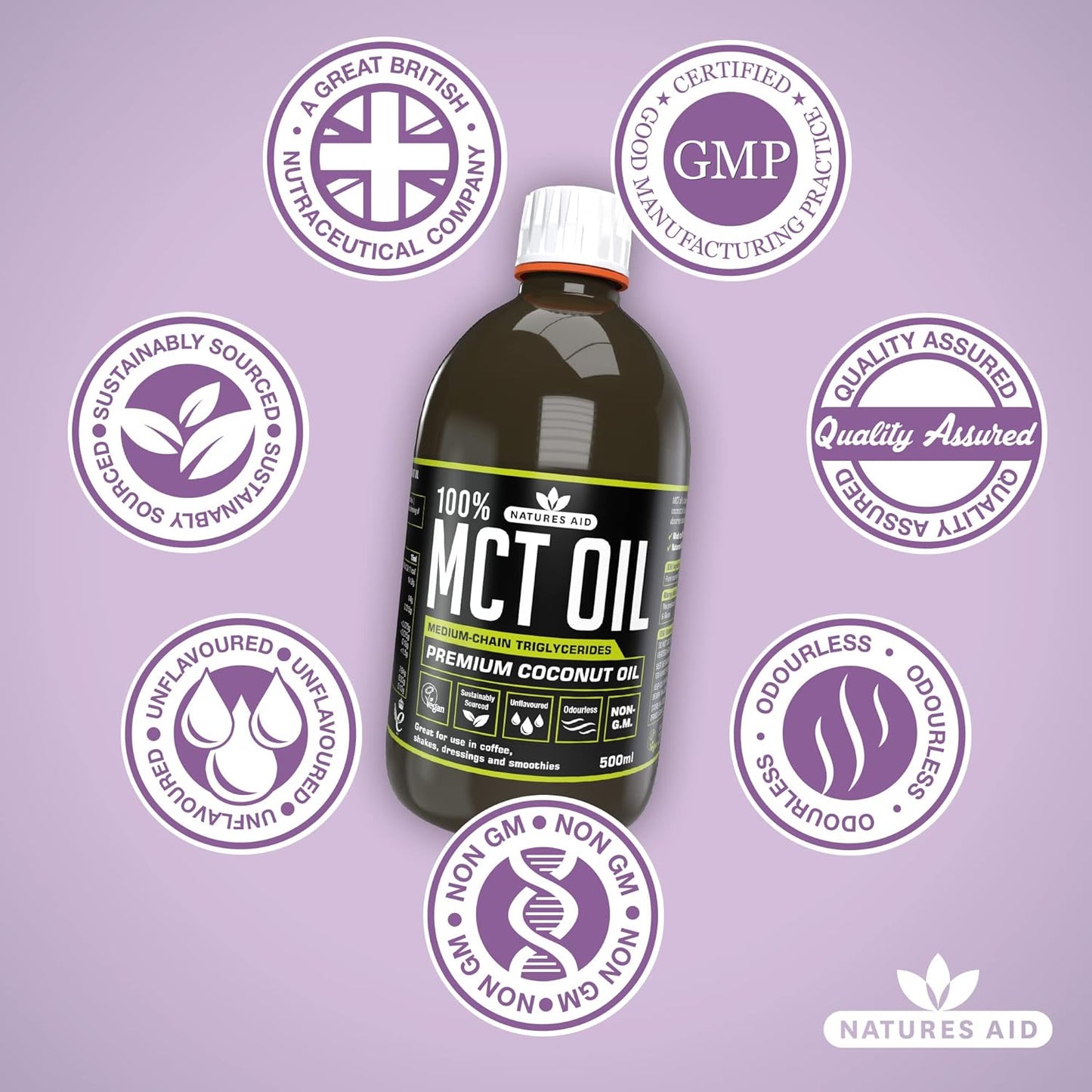 Natures Aid 100 Percent MCT Oil, Premium Coconut Oil, Sustainably Sourced, Add to Coffees or Shakes, Vegan, 500 ml