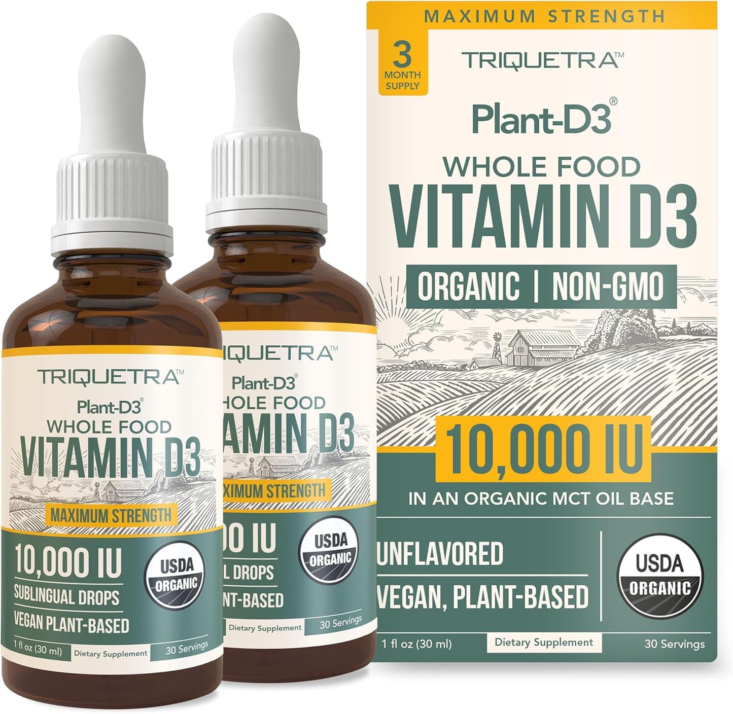 Organic Vitamin D3 10,000 IU - Plant D3, Vegan, Max Strength Sublingual Liquid D3 Drops - 200% Higher Absorption, 100% Plant-Based Cholecalciferol Form & Vegan D3, Adjustable Dosing (30 Servings)