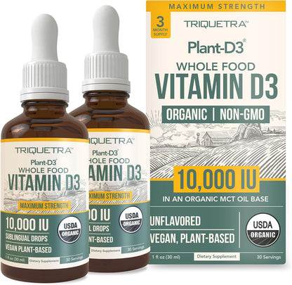Organic Vitamin D3 10,000 IU - Plant D3, Vegan, Max Strength Sublingual Liquid D3 Drops - 200% Higher Absorption, 100% Plant-Based Cholecalciferol Form & Vegan D3, Adjustable Dosing (30 Servings)