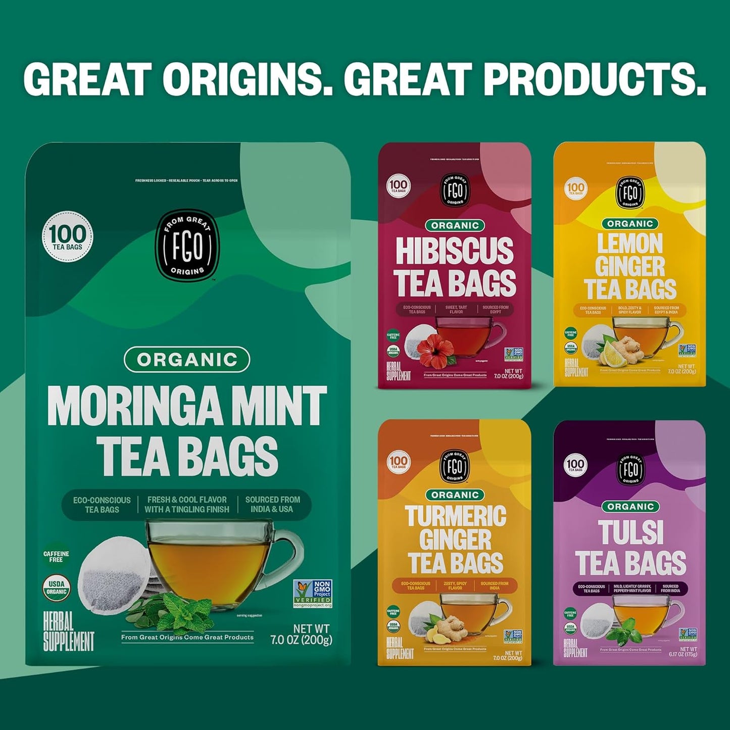 FGO Organic Nettle Leaf Tea, 100 Count, Eco-Conscious Tea Bags, Caffeine Free, Resealable Bag, Packaging May Vary (Pack of 1)
