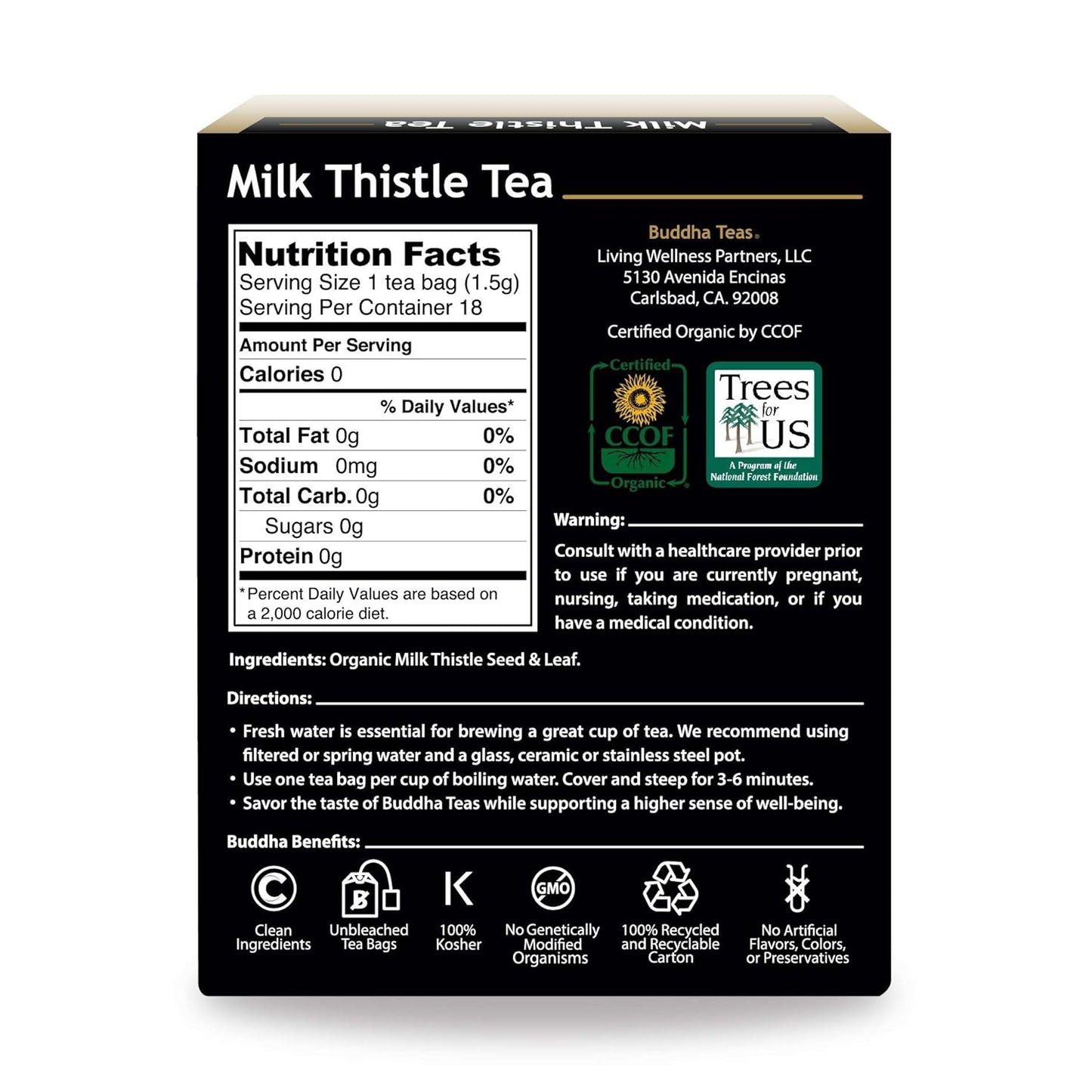 Buddha Teas Organic Milk Thistle Tea - OU Kosher, USDA Organic, CCOF Organic, 18 Bleach-Free Tea Bags