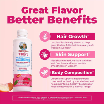MaryRuth Organics Women's Multivitamin Lustriva Hair Growth Liposomal | Biotin | Vitamin D, B | Clinically Tested for Thicker Hair, Fine Lines, Skin Care | Ages 18 | Hair Vitamins | 15 Fl Oz