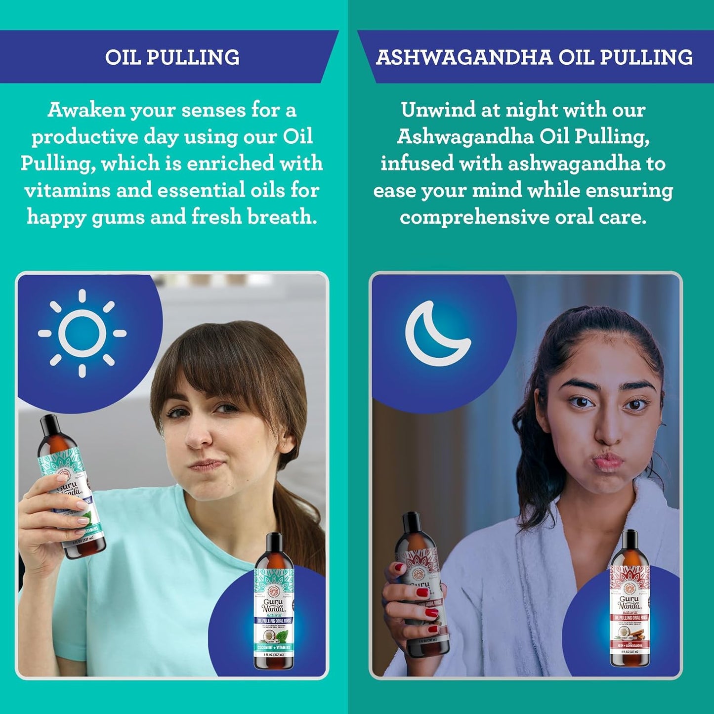 GuruNanda CocoMint Oil Pulling Mouthwash for Complete Oral Hygiene, 7 Essential Oils & Vitamins for Happy Teeth & Gums & Fresh Breath, Alcohol-Free, 16 oz