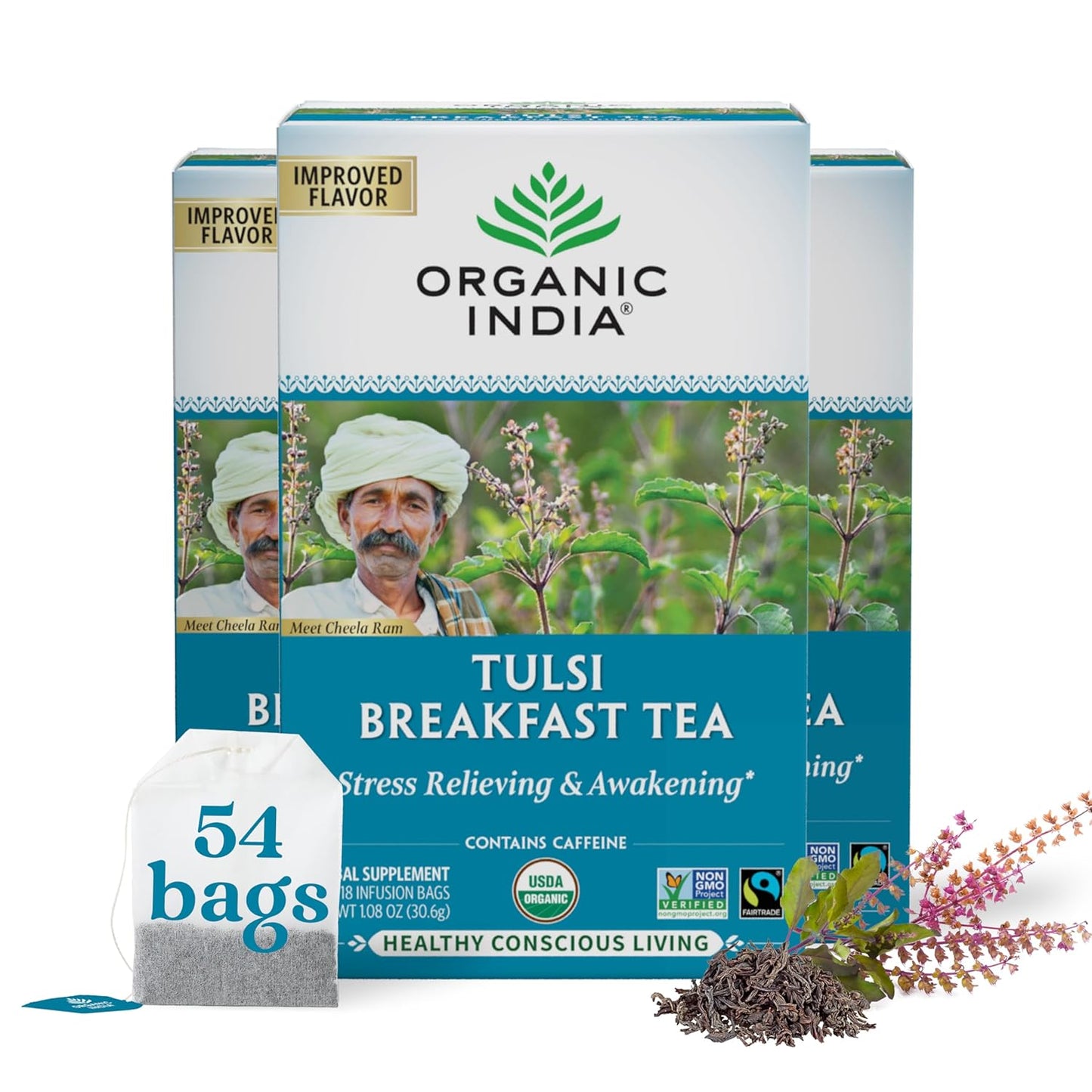 ORGANIC INDIA Tulsi Moringa Tea Bags - Holy Basil, Lemongrass, Moringa Leaves, Stress Relieving & Nourishing, Immune Support Tea, Vegan, Certified Organic, Caffeine-Free - 18 Infusion Bags, 6 Pack