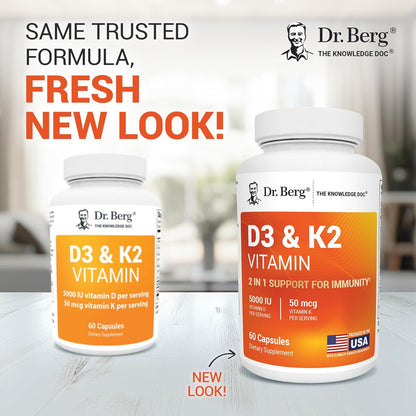 Dr. Berg's Vitamin D3 K2 w/MCT Oil - Includes 5,000 IU of Vitamin D3, 50 mcg MK7 Vitamin K2, Purified Bile Salts, Zinc & Magnesium for Ultimate Absorption - K2 D3 Vitamin Supplement - 60 Capsules