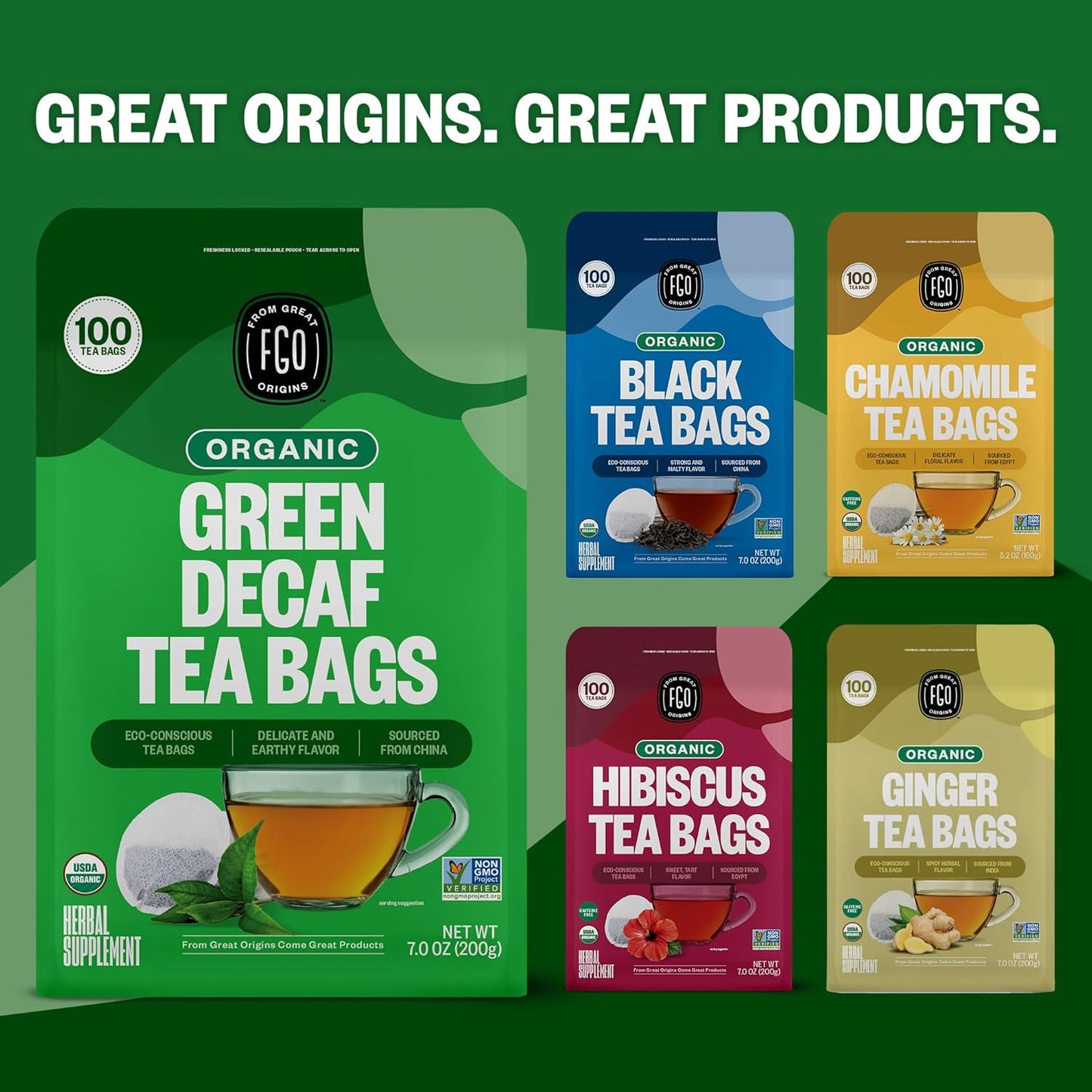 FGO Organic Nettle Leaf Tea, 100 Count, Eco-Conscious Tea Bags, Caffeine Free, Resealable Bag, Packaging May Vary (Pack of 1)