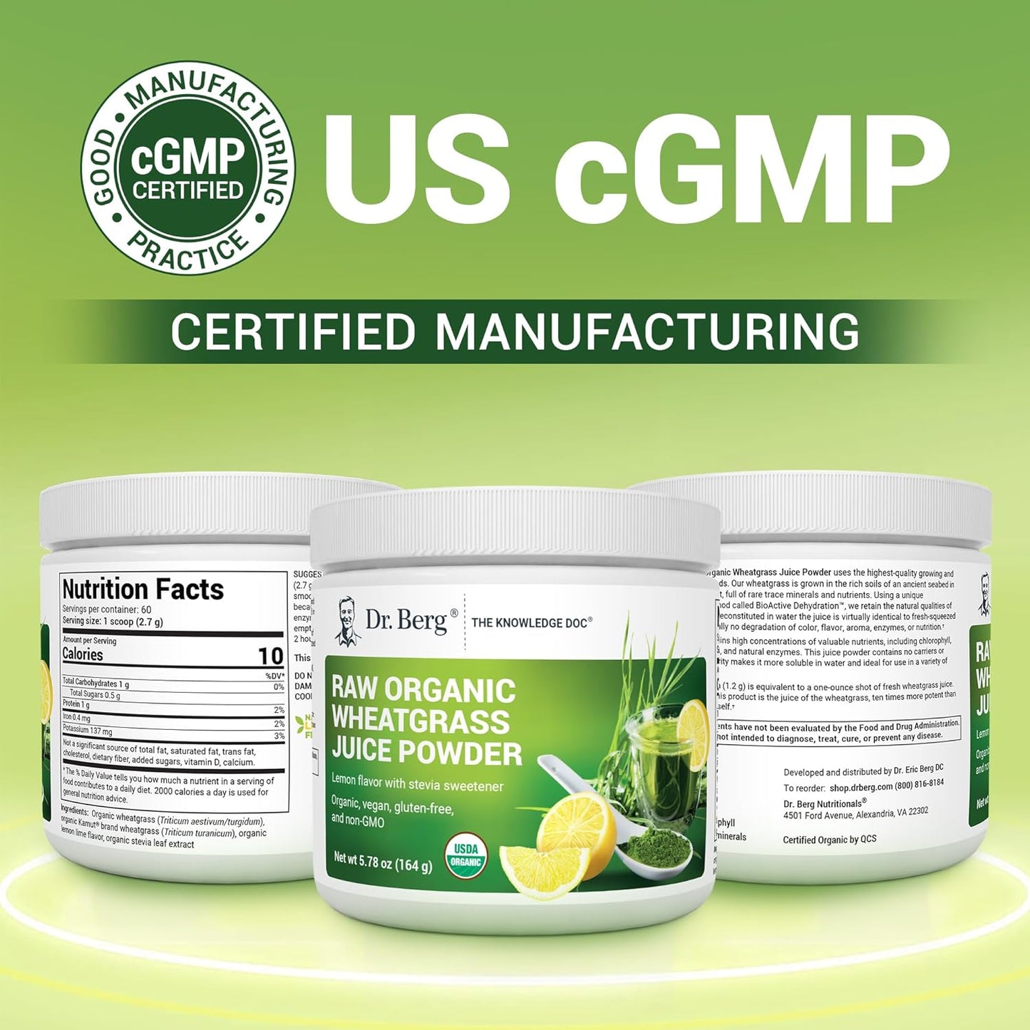 Dr. Berg USDA Certified Organic Green Powder Superfood (60 Servings) - Made with Raw Wheatgrass Powder, Chlorophyll, Trace Minerals & Natural Enzymes - Non-GMO Green Superfood Powder - Lemon Flavor