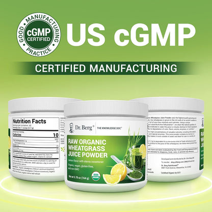 Dr. Berg USDA Certified Organic Green Powder Superfood (60 Servings) - Made with Raw Wheatgrass Powder, Chlorophyll, Trace Minerals & Natural Enzymes - Non-GMO Green Superfood Powder - Lemon Flavor