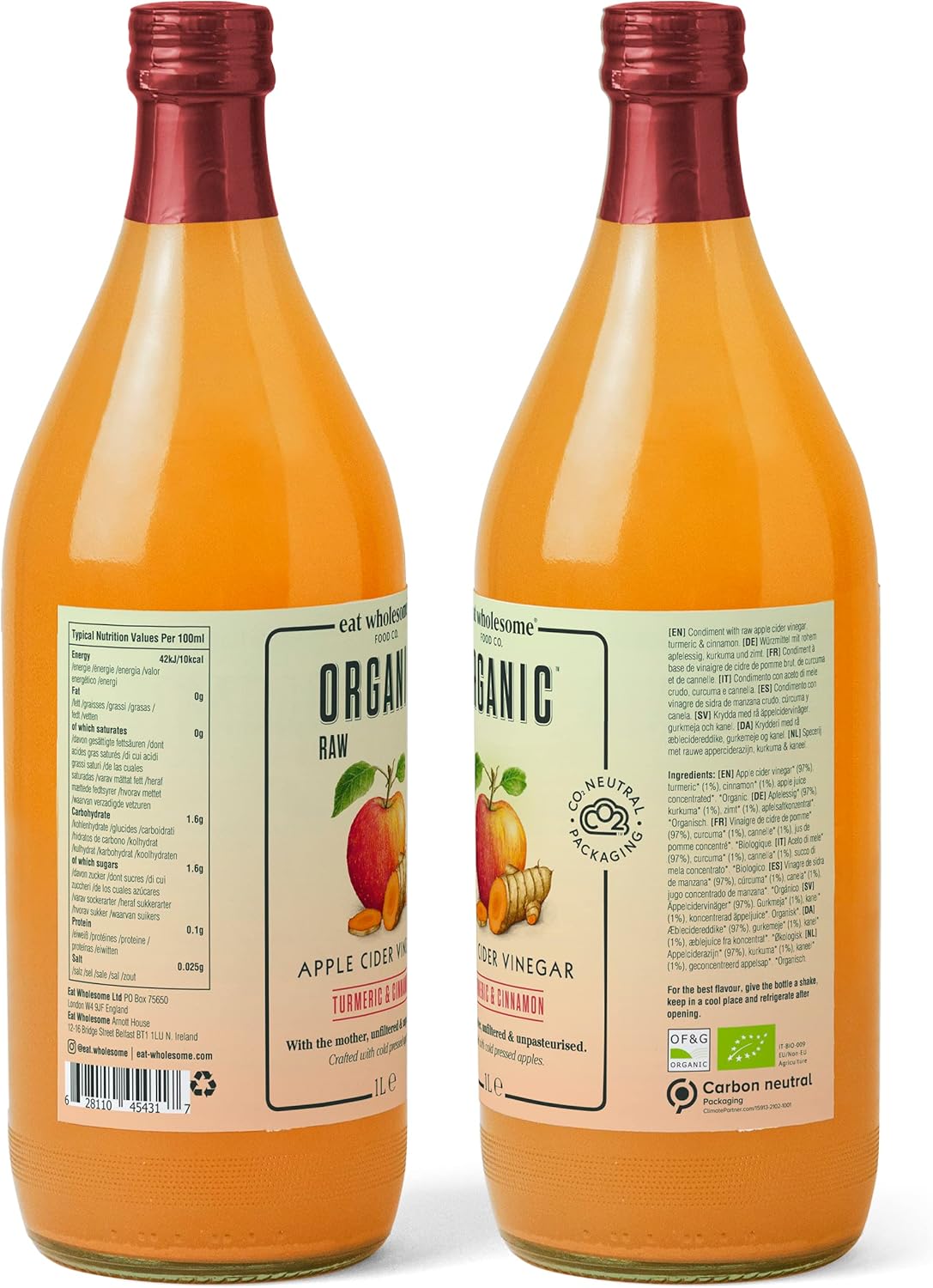 Eat Wholesome Organic Ginger, Turmeric and Chilli Raw Apple Fire Cider Vinegar with The Mother, Glass Bottle in Box, 1L