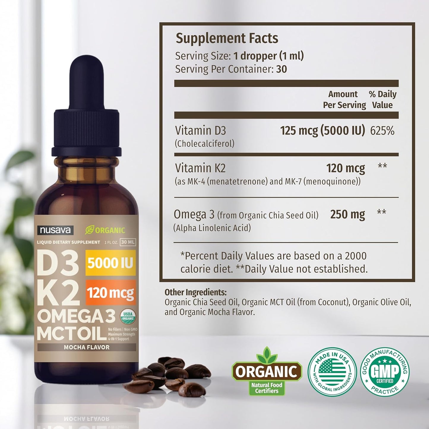 (1 Pack) Organic Vitamin D3 K2 Drops w MCT Oil Omega 3, 5000 IU, Vitamin D Liquid 5000 IU, No Fillers, Non-GMO Liquid D3 for Body’s Defenses & Faster Absorption, Unflavored, 2 Fl Oz Liquid Vitamin D3