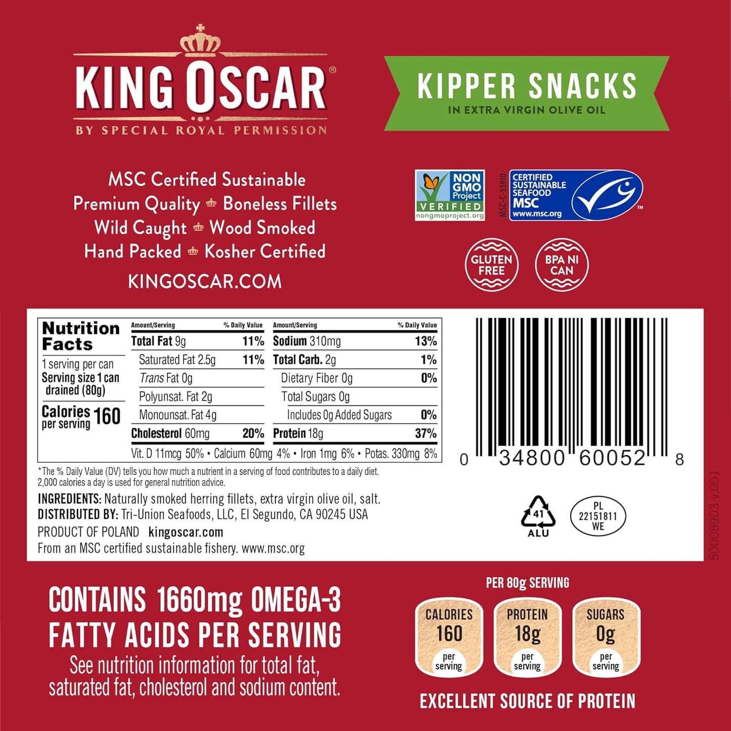 King Oscar Kipper Snacks, 3.54 Ounce Cans (Pack of 12), Lightly Smoked Herring Fillets, Wild Caught Canned Herring