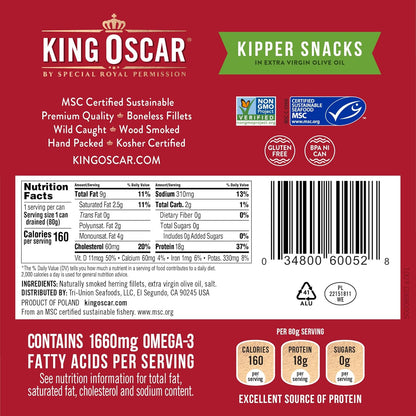 King Oscar Kipper Snacks, 3.54 Ounce Cans (Pack of 12), Lightly Smoked Herring Fillets, Wild Caught Canned Herring