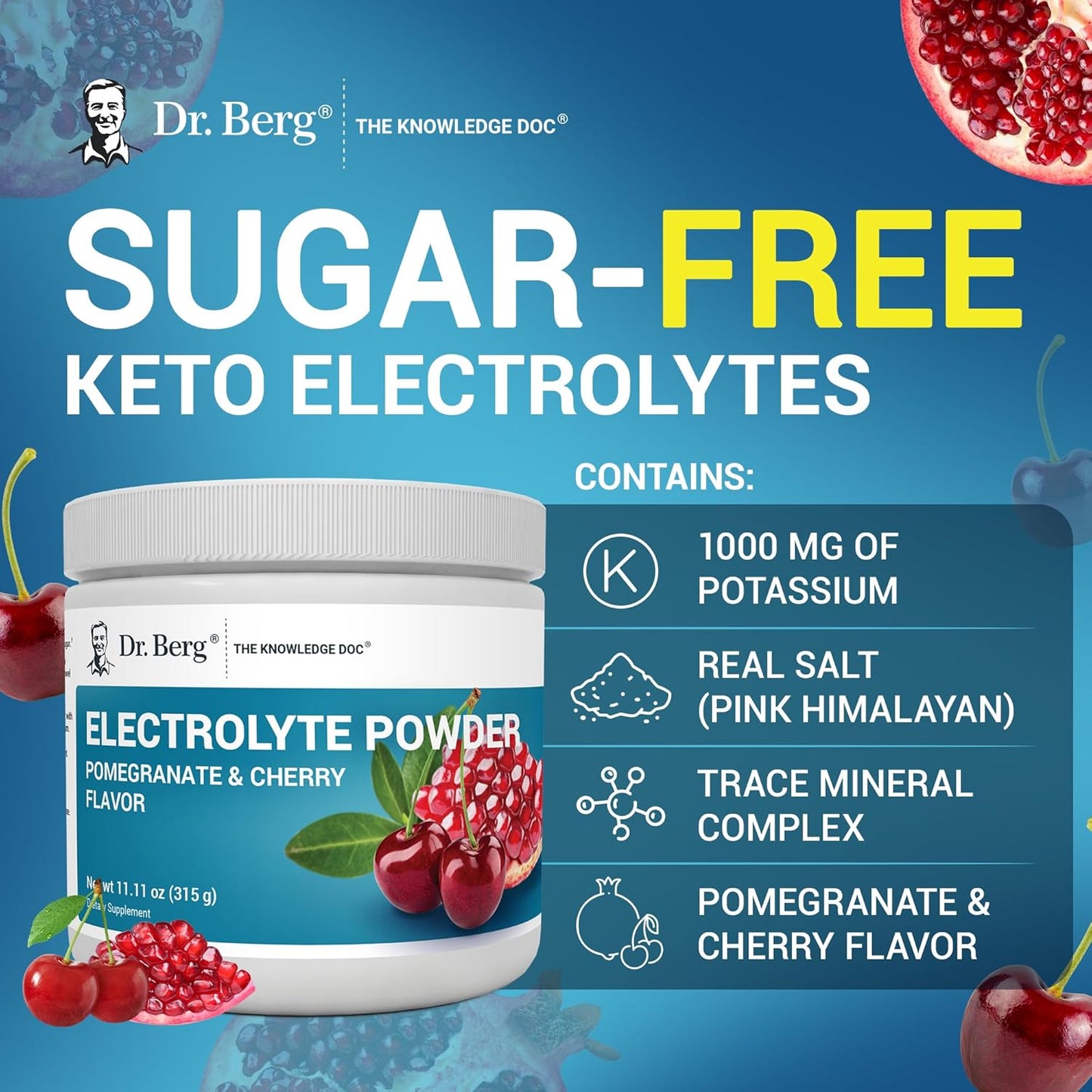 Dr. Berg Zero Sugar Hydration Keto Electrolyte Powder - Enhanced w/ 1000 mg of Potassium & Real Pink Himalayan Salt (NOT Table Salt) - Lemonade Flavor Hydration Drink Mix Supplement - 100 Servings