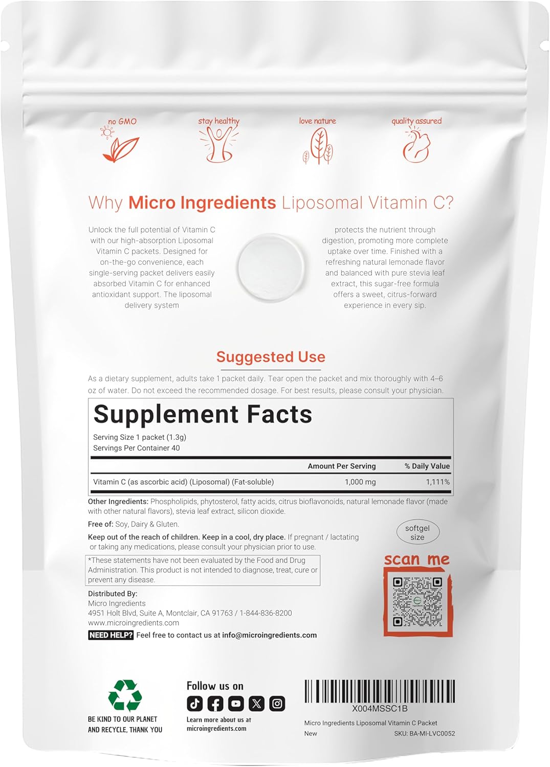 Micro ingredients Liposomal Vitamin C 1,000mg | 40 Packets with Sugar Free Lemonade Flavor | Highly Bioavailable Fat Soluble Form | Liposomal Delivery for Superior Absorption | Antioxidants Supplement & Immune Support