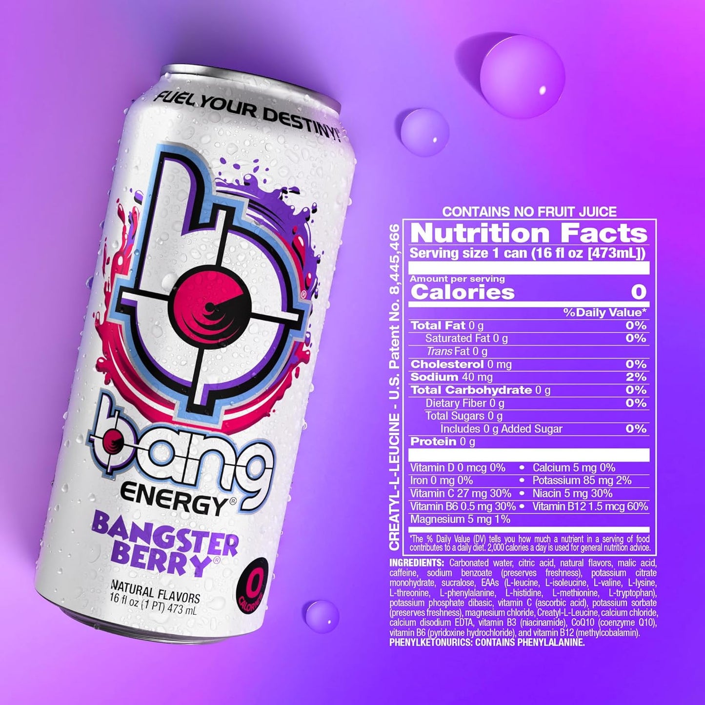 Bang Energy Nectarine Blueberry, Sugar-Free Energy Drink , 16-Ounce.