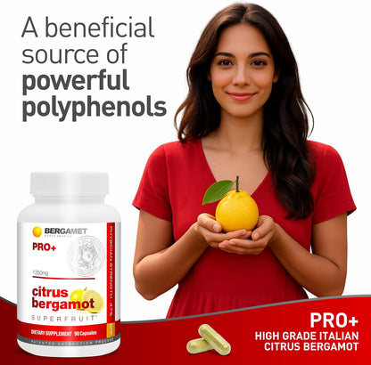 BergaMet Citrus Bergamot SuperFruit PRO+ Supplement, 200:1 Extract, 1350mg, 80% Polyphenols, Olive Leaf Extract, 47% BPF, World's Strongest, 90 Capsules, 1 Month, Made in the USA