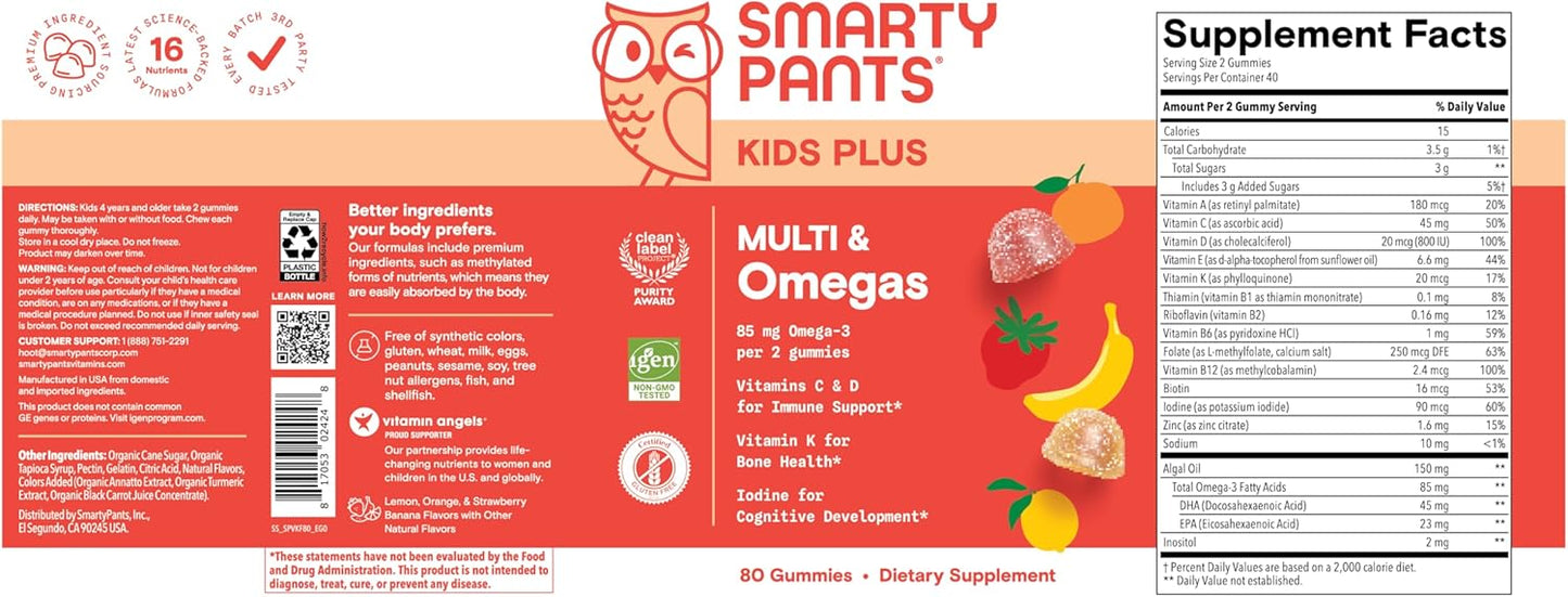SmartyPants Kids Multivitamin Gummies: Omega 3 Fish Oil (EPA/DHA), Vitamin D3, C, Vitamin B12, B6, A, K & Zinc for Immune Support, Biotin, Gluten Free, Three Fruit Flavors, 120 Count (30 Day Supply)