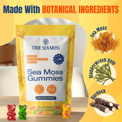 TrueSeaMoss Sea Moss Gummies with Bladderwrack & Burdock Root – Vegan Formula for Adults & Kids – Fruity Flavor – 60 Gummies (Pouch May Vary)