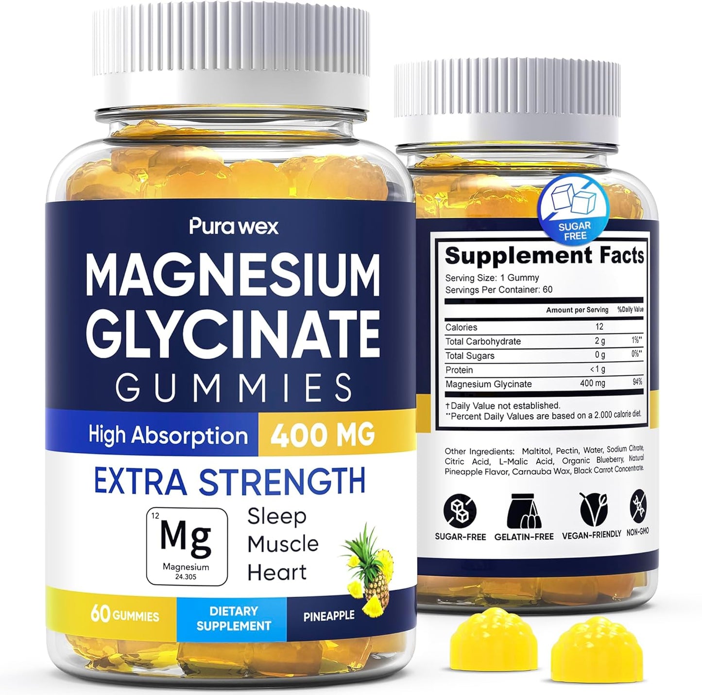 Magnesium Glycinate Gummies 400mg, High Absorption Magnesium Supplement for Women, Men and Kids, Muscle Support and Relaxation, Sugar Free, Vegan, 60 Days Supply