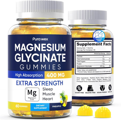 Magnesium Glycinate Gummies 400mg, High Absorption Magnesium Supplement for Women, Men and Kids, Muscle Support and Relaxation, Sugar Free, Vegan, 60 Days Supply