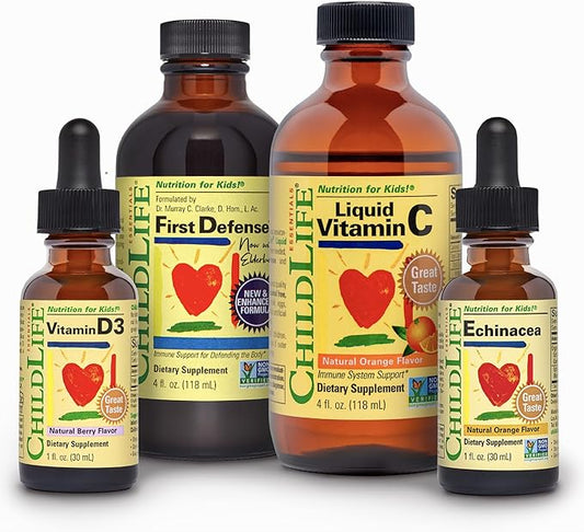 ChildLife Essentials Immune Support 4-Pack for Infants, Babies, Kids, and Toddlers - Vitamin D3 Natural Berry Drops, Liquid Vitamin C Natural Orange, Echinacea Natural Orange, and First Defense
