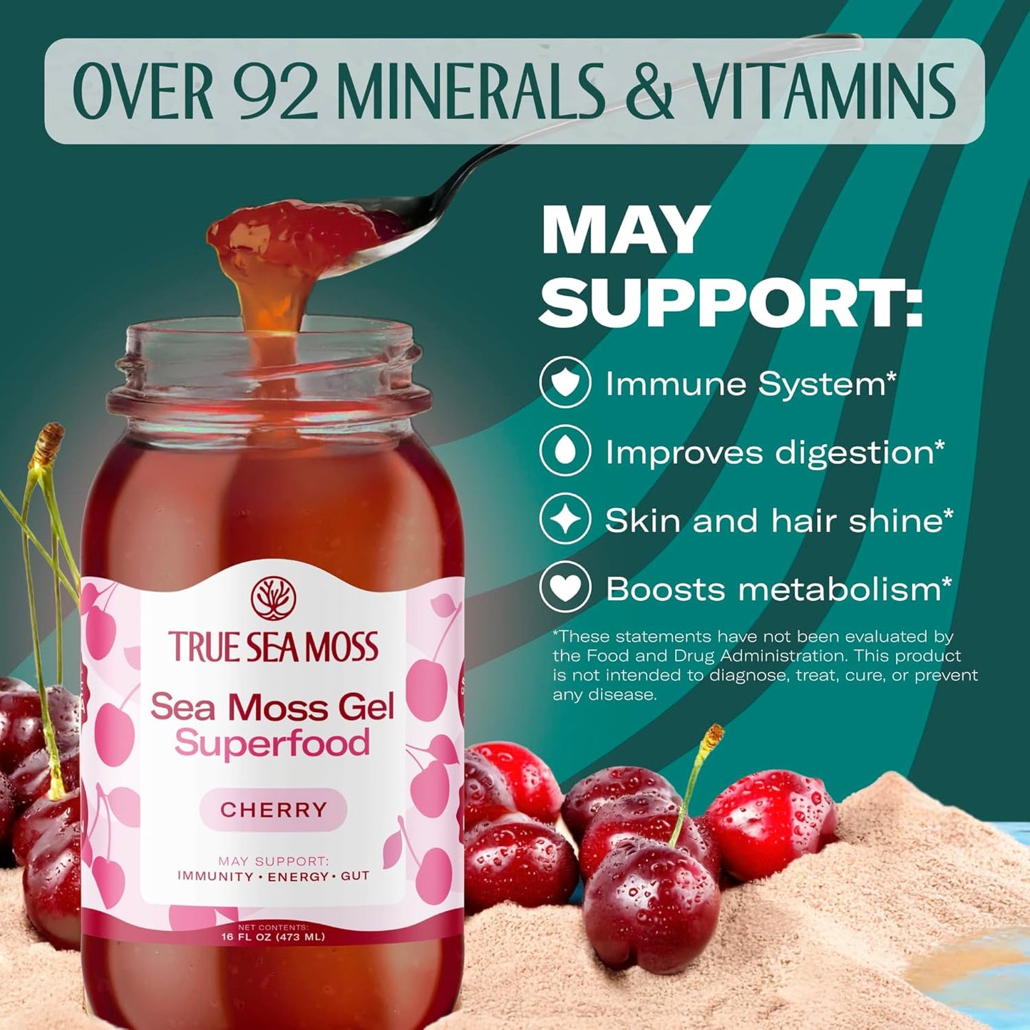 TrueSeaMoss Sea Moss Gel – Limited Edition – Made in USA – Wildcrafted Seamoss, Fresh Fruits & Sea Vegetables – Cherry, Pack of 1 (Labels May Vary)