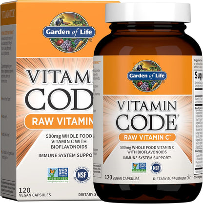 Garden of Life Raw Vitamin Code Vitamin C, 120 Vegan Capsules, 500mg Whole Food Vitamin C Supplements with Bioflavonoids, Fruits & Veggies, Probiotics, Gluten Free for Adults