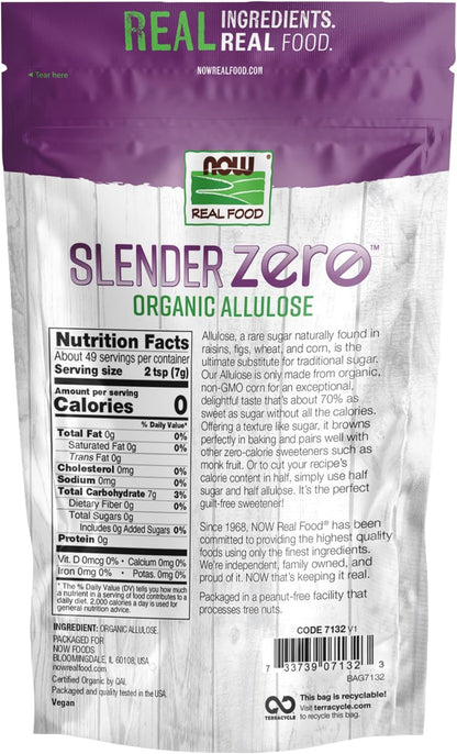 NOW Real Food, Slender Zero, Organic Allulose, Zero Calories, Sugar Substitute for Baking and Beverages, No Added Ingredients, Plant Based, 12 oz (340 g)