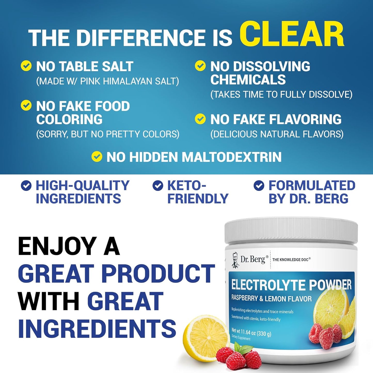 Dr. Berg Zero Sugar Hydration Keto Electrolyte Powder - Enhanced w/ 1000 mg of Potassium & Real Pink Himalayan Salt (NOT Table Salt) - Lemonade Flavor Hydration Drink Mix Supplement - 100 Servings