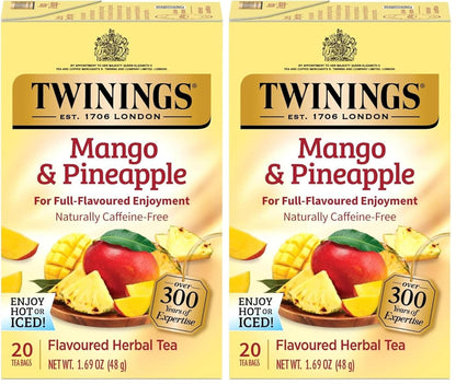 Twinings Mango & Pineapple Herbal Tea Individually Wrapped Bags, 20 Count (Pack of 6), Naturally Caffeine-Free, Enjoy Hot or Iced, 120 Teabags