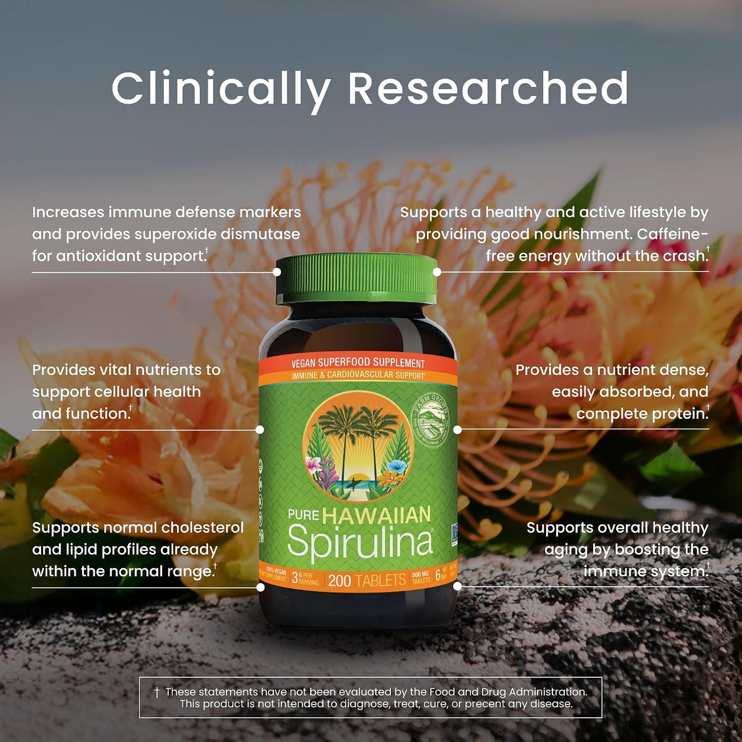 Nutrex Hawaii Pure Hawaiian Spirulina Tablets, Vegan, 500 mg, 200 Count | Spirulina Farm Grown in Kona, Hawaii, Non-GMO, Glyphosate Residue Free, 3rd Party Tested, 60% Protein, Superfood Supplement