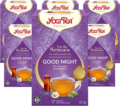 Yogi Tea, For The Senses, Good Night, Organic Herbal Tea with Essential Oils, Naturally Caffeine Free, Blend of Lavender, Chamomile and Hops.