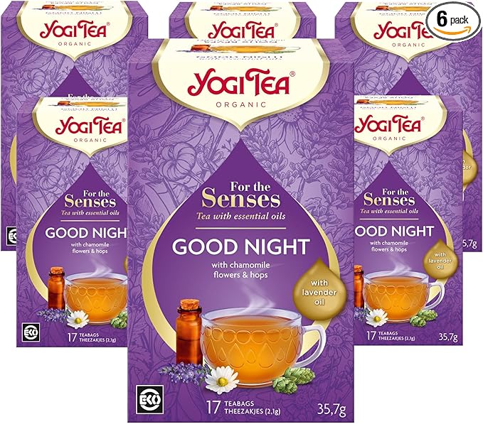 Yogi Tea, For The Senses, Good Night, Organic Herbal Tea with Essential Oils, Naturally Caffeine Free, Blend of Lavender, Chamomile and Hops.