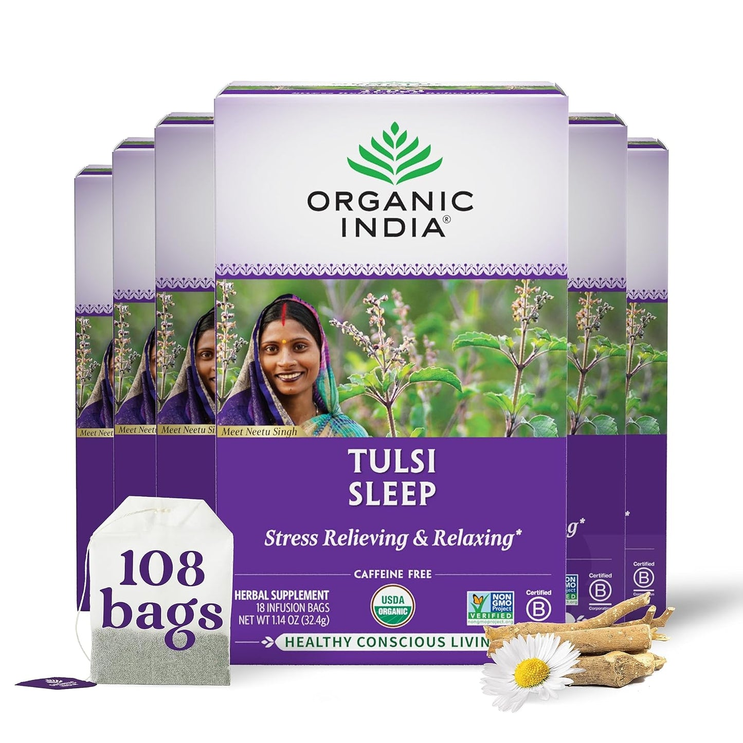 ORGANIC INDIA Tulsi Moringa Tea Bags - Holy Basil, Lemongrass, Moringa Leaves, Stress Relieving & Nourishing, Immune Support Tea, Vegan, Certified Organic, Caffeine-Free - 18 Infusion Bags, 6 Pack