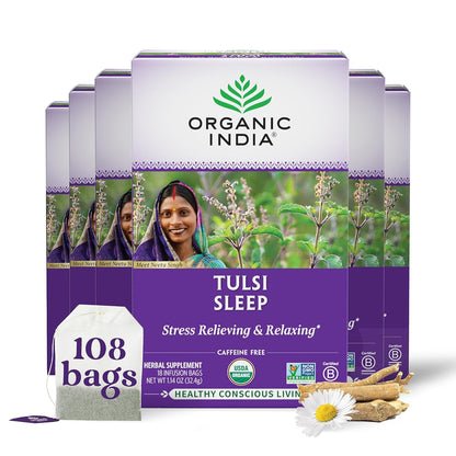 ORGANIC INDIA Tulsi Moringa Tea Bags - Holy Basil, Lemongrass, Moringa Leaves, Stress Relieving & Nourishing, Immune Support Tea, Vegan, Certified Organic, Caffeine-Free - 18 Infusion Bags, 6 Pack
