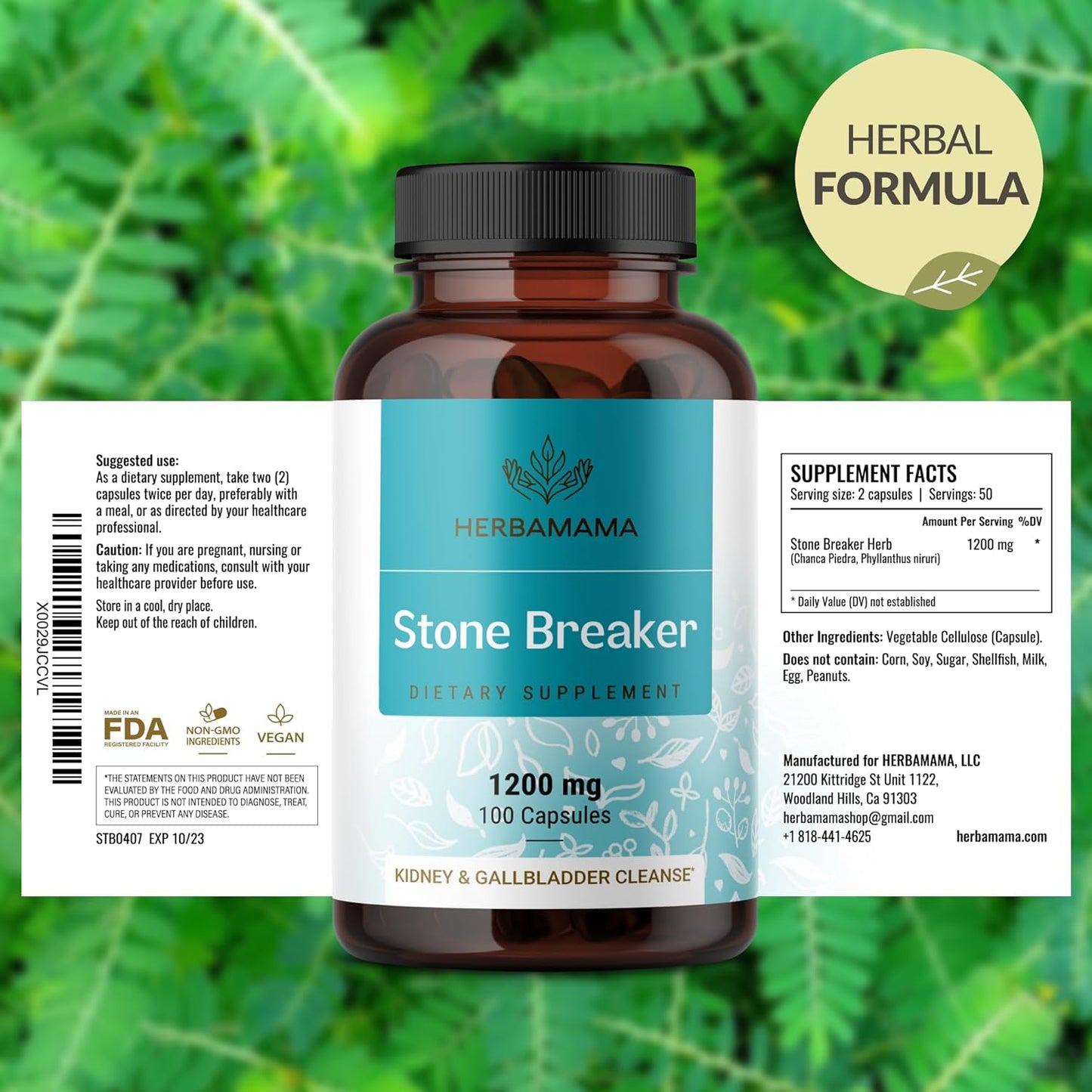 HERBAMAMA Stone Breaker Chanca Piedra Pills - Organic Chanca Piedra Stone Breaker Kidney Stones Dissolver - Kidney & Gallbladder Cleanse - 1200mg, 100 Capsules