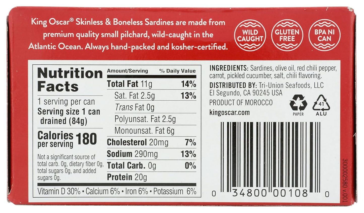 King Oscar Sardines in Water, 4.23 Ounce Cans (Pack of 1( Packaging May Vary), Skinless & Boneless, Wild Caught Canned Sardines, Low Sodium