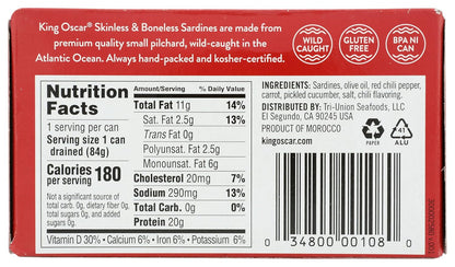 King Oscar Sardines in Water, 4.23 Ounce Cans (Pack of 1( Packaging May Vary), Skinless & Boneless, Wild Caught Canned Sardines, Low Sodium