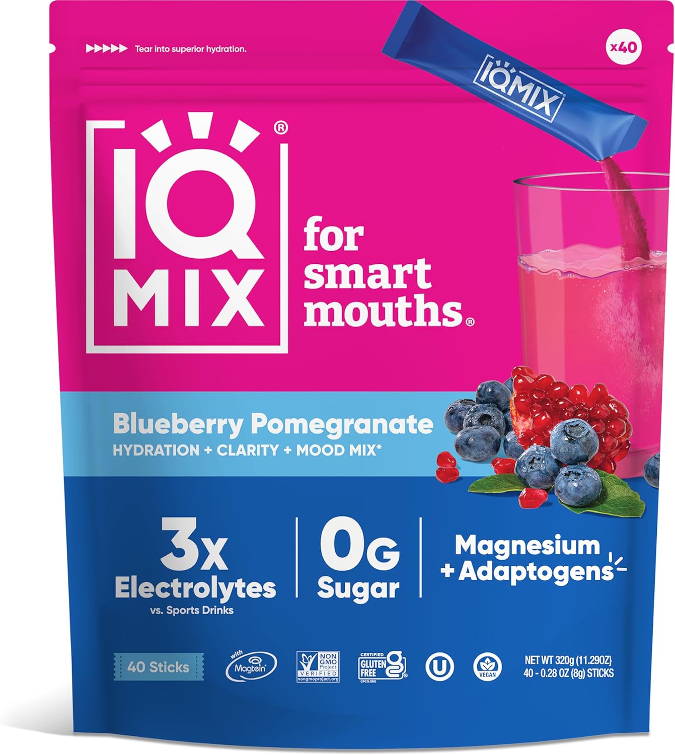 IQMIX Sugar Free Electrolytes Powder Packets - Hydration Supplement Drink Mix with Keto Electrolytes, Lions Mane, Magnesium L-Threonate, and Potassium Citrate - Variety Pack (40 Count)