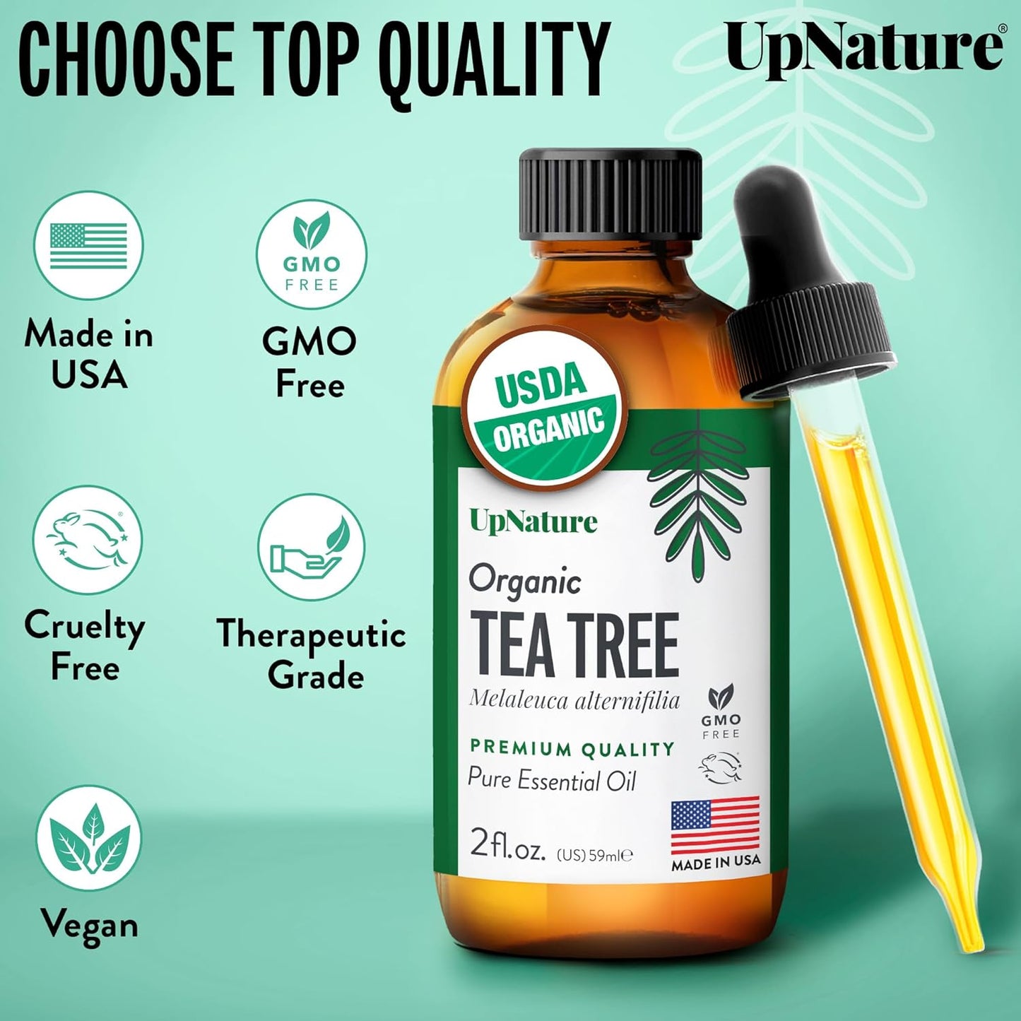 UpNature Organic Tea Tree Oil - 100% Pure Tea Tree Essential Oils for Skin Hair Toenail Body and Scalp, 2oz