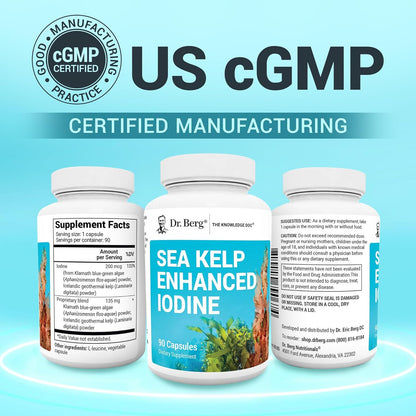 Dr. Berg Sea Kelp Enhanced Iodine - 200 mcg of Premium Iodine - Seaweed Blend Includes Klamath Blue-Green Algae & Sea Kelp - 90 Capsules