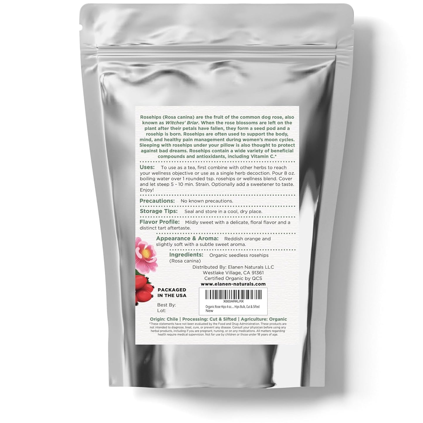 Elanen Naturals Organic Rose Hips 4 oz. (113g), USDA Certified Organic Rosehip Tea, Dried Rose Hips, Whole Rosehips Bulk, Cut & Sifted