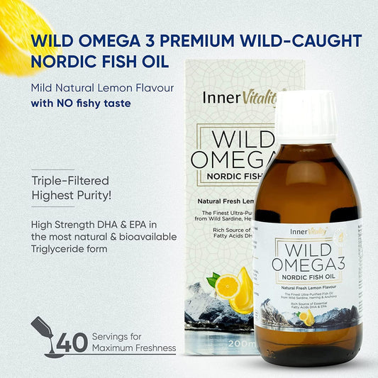 Inner Vitality Omega 3 Fish Oil Liquid - Natural Fresh Lemon Flavour with NO Fishy Taste, High Strength DHA/EPA - 400ml Made from Wild Caught Nordic Fish Oil | 3rd Party Tested for Purity - pack of 1